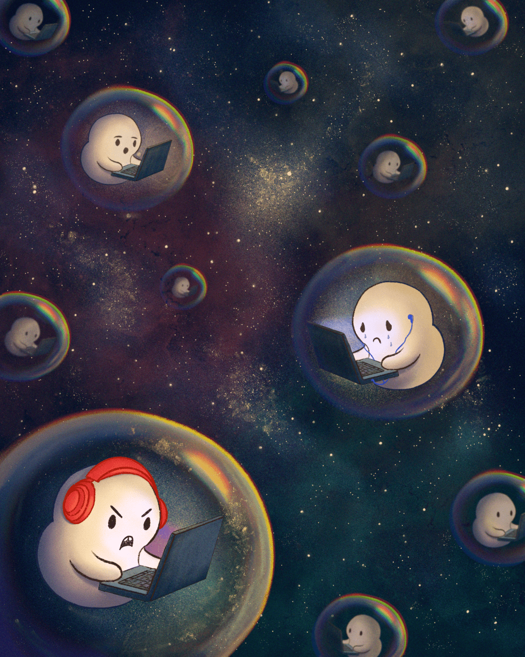 different emotions trapped in bubbles floating in the space. Being connected while being isolated.